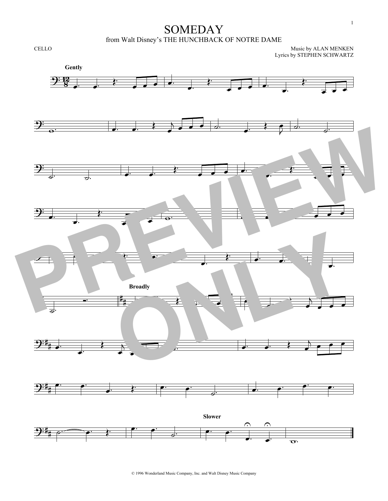 Alan Menken Someday (Esmeralda's Prayer) Sheet Music Notes & Chords for Cello - Download or Print PDF