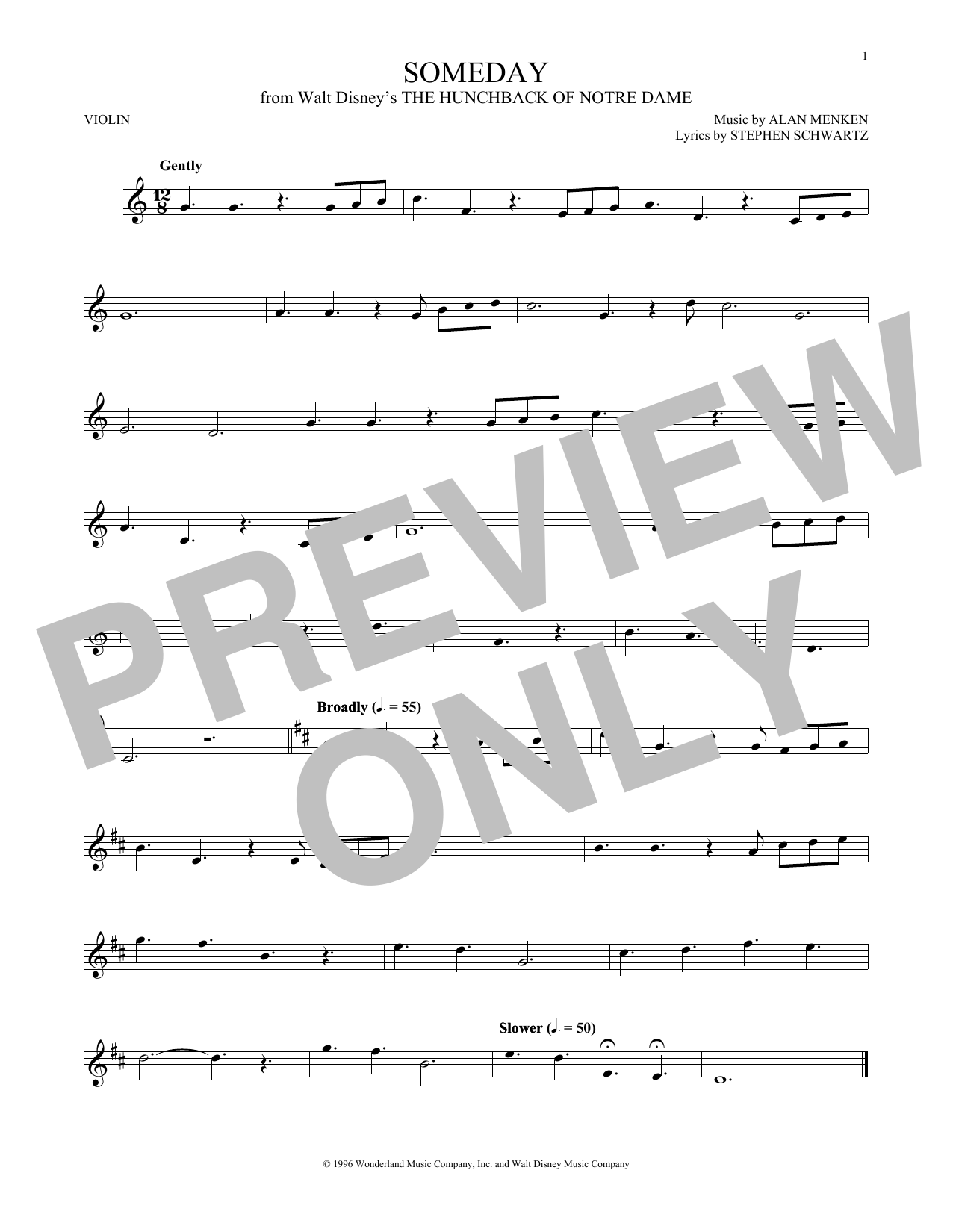 Alan Menken Someday (Esmeralda's Prayer) Sheet Music Notes & Chords for Violin - Download or Print PDF