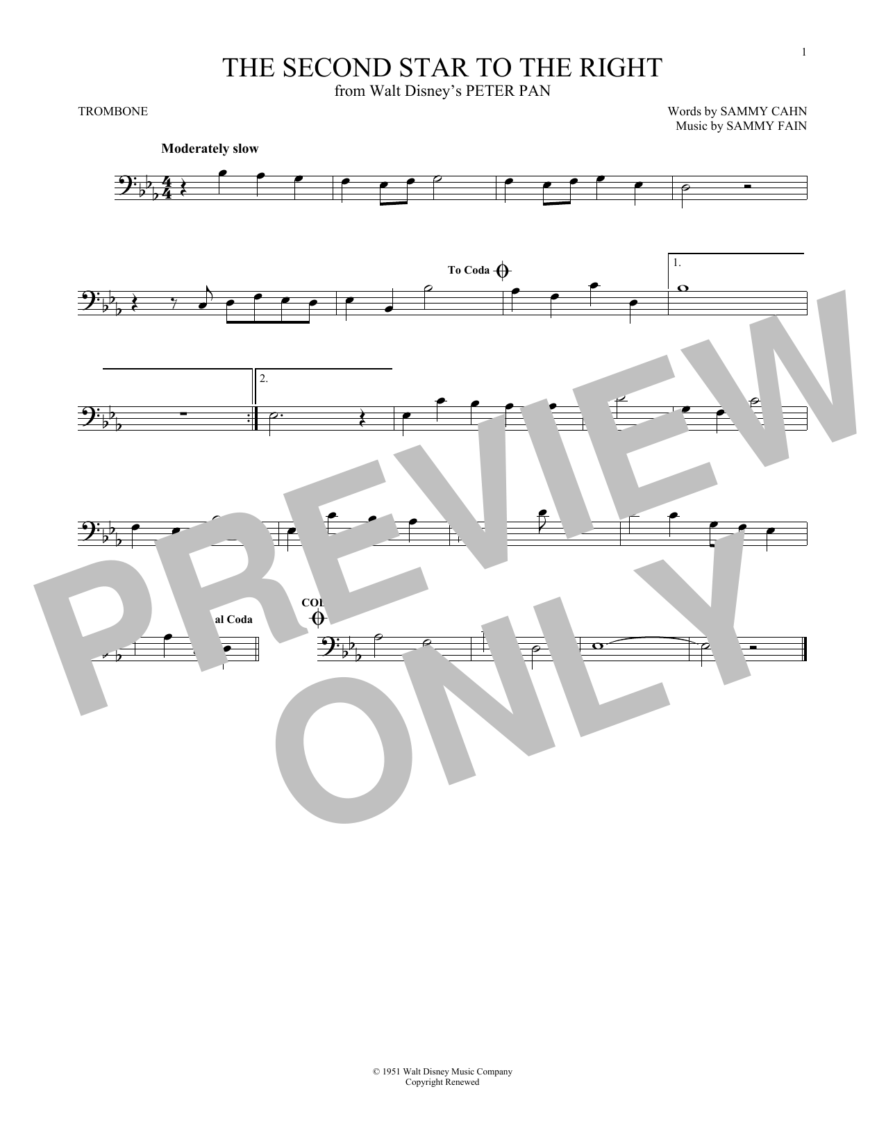 Sammy Cahn The Second Star To The Right Sheet Music Notes & Chords for Trombone - Download or Print PDF