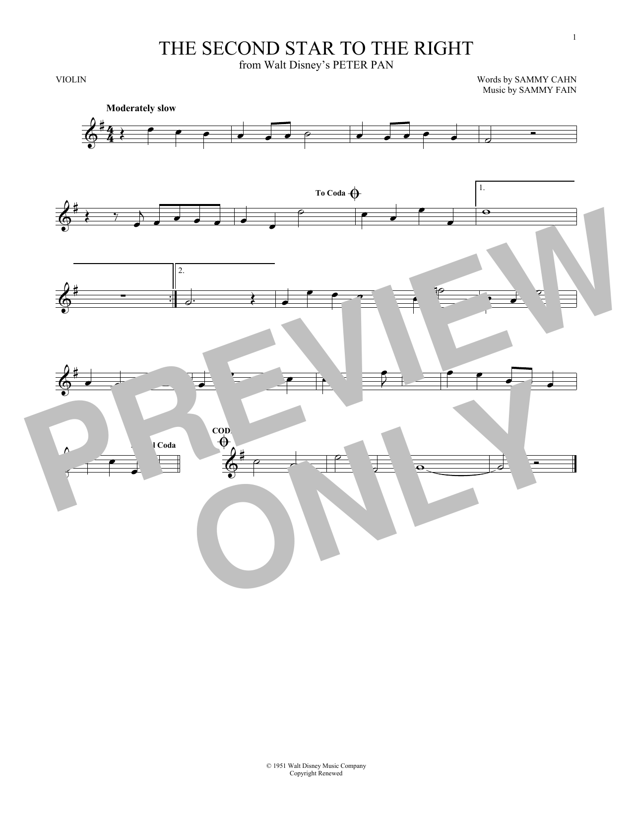 Sammy Cahn The Second Star To The Right Sheet Music Notes & Chords for Violin - Download or Print PDF
