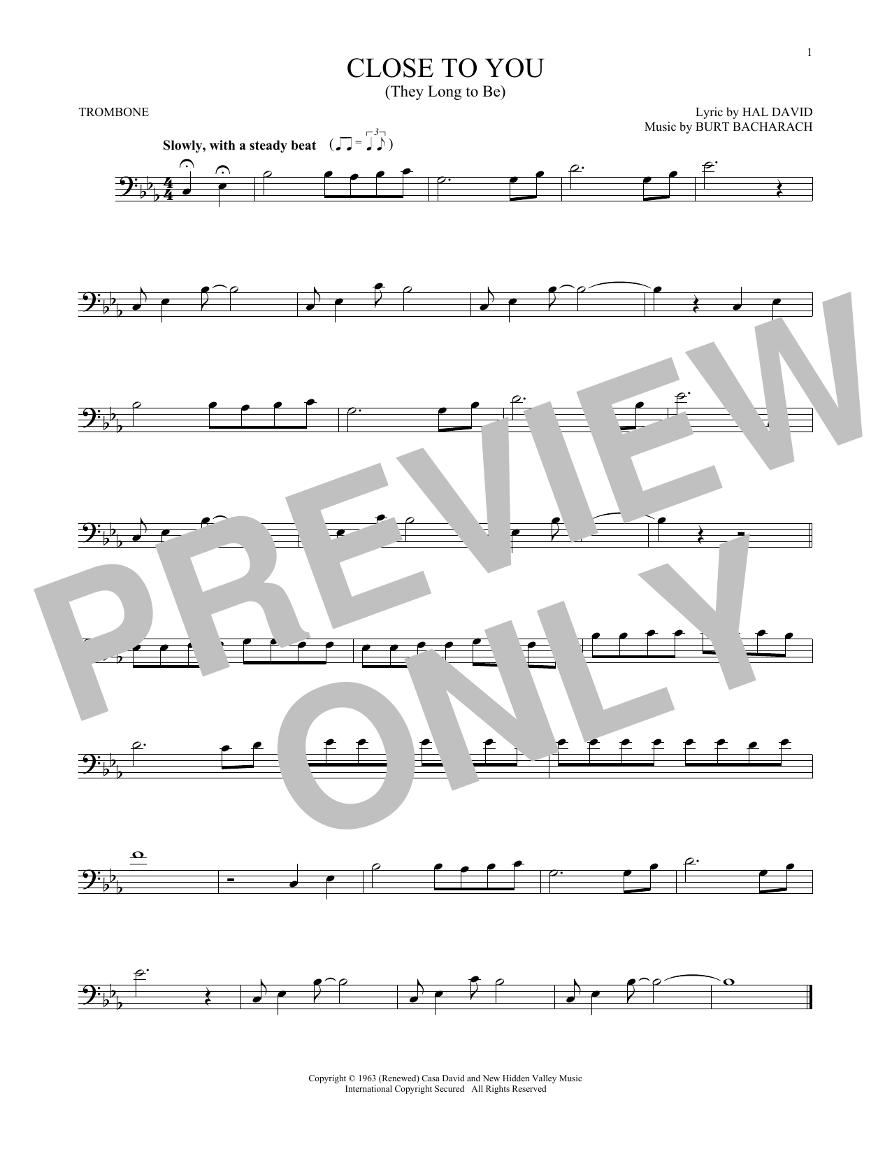 The Carpenters (They Long To Be) Close To You Sheet Music Notes & Chords for Trombone - Download or Print PDF