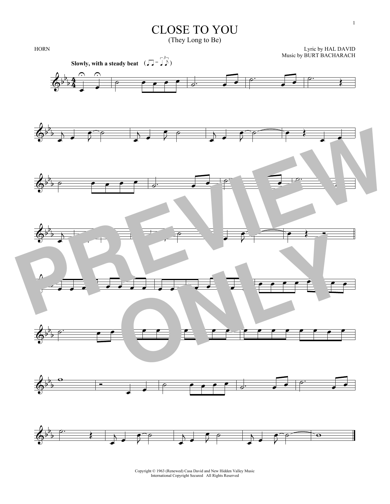 The Carpenters (They Long To Be) Close To You Sheet Music Notes & Chords for French Horn - Download or Print PDF