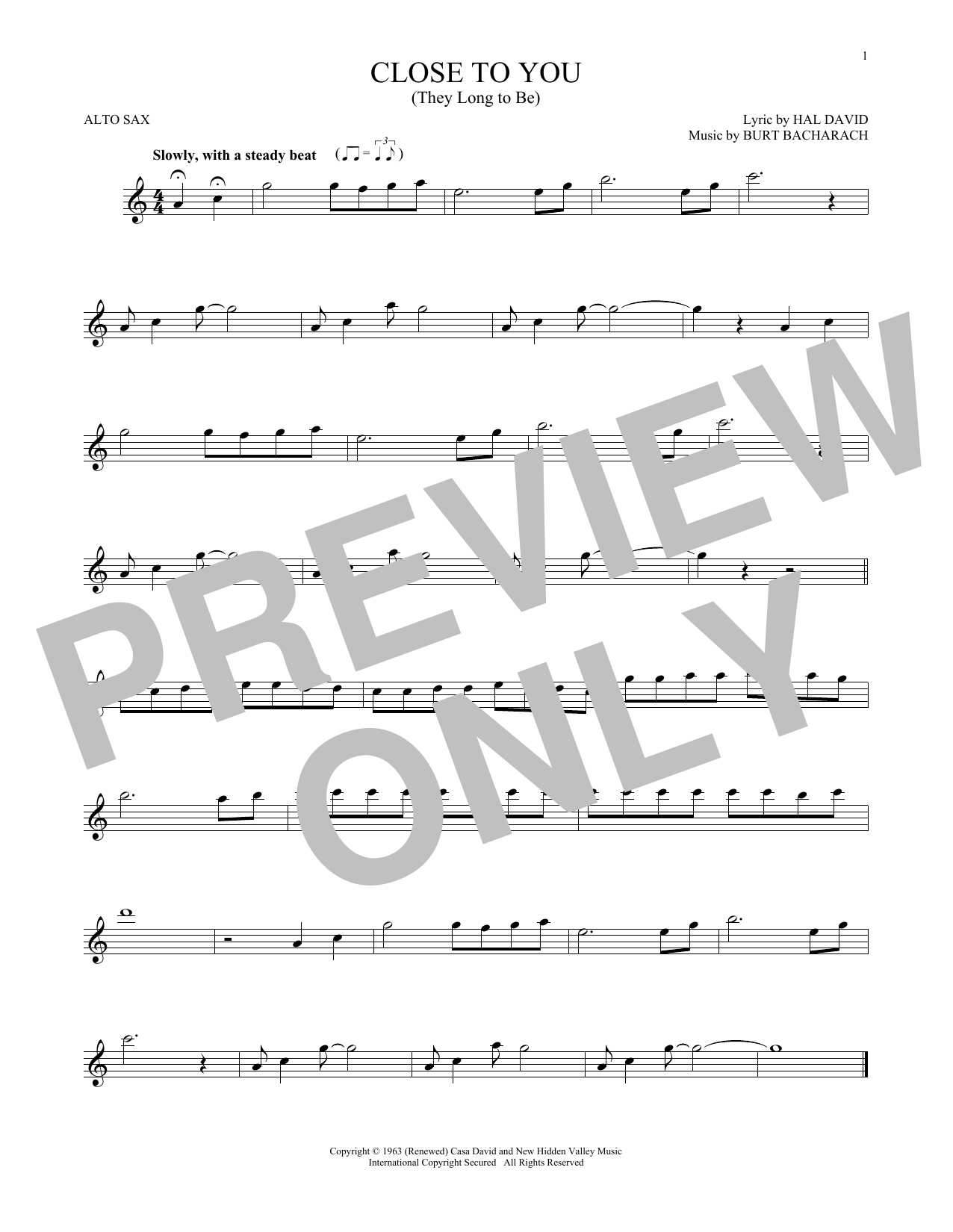 The Carpenters (They Long To Be) Close To You Sheet Music Notes & Chords for Alto Saxophone - Download or Print PDF