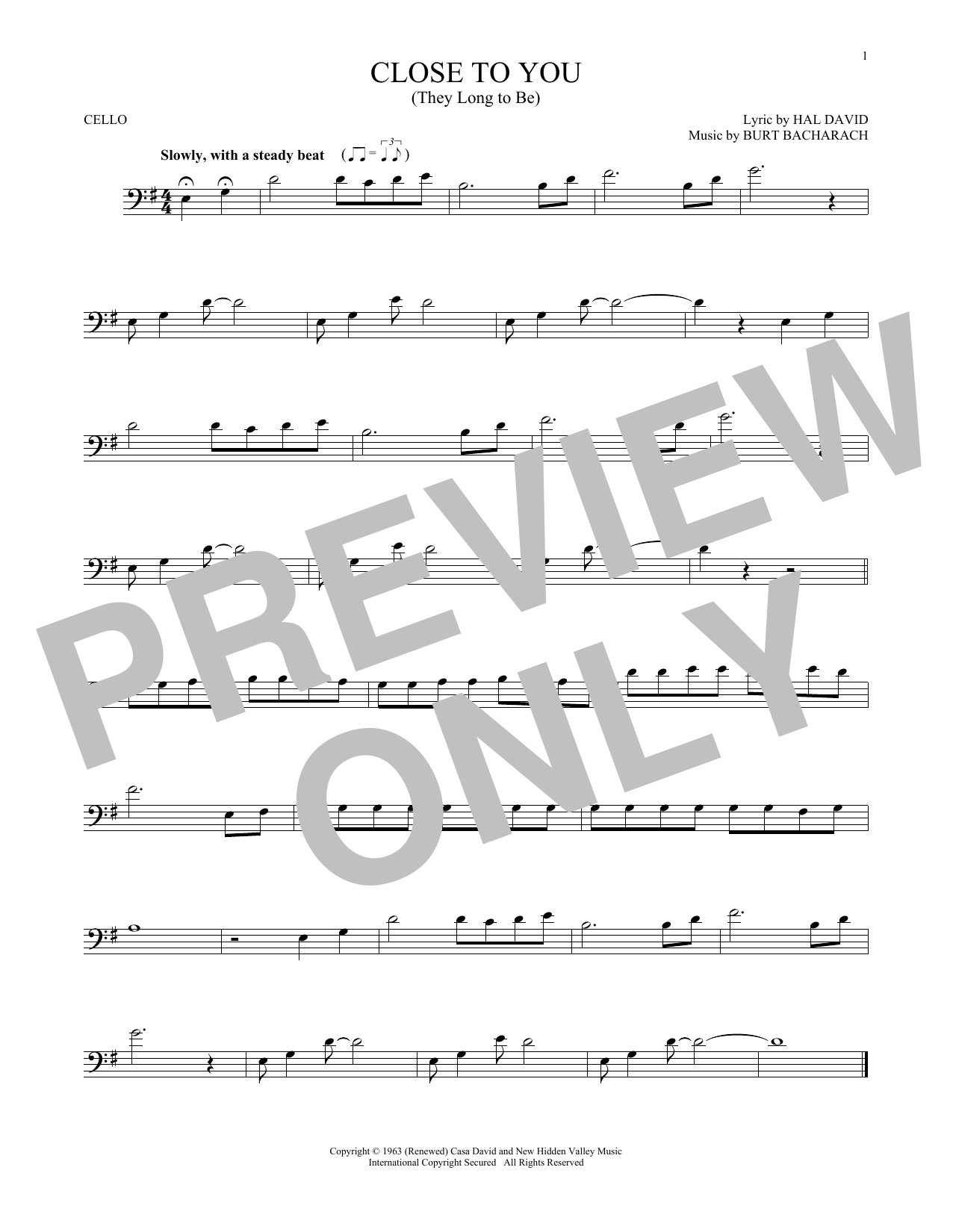 The Carpenters (They Long To Be) Close To You Sheet Music Notes & Chords for Cello - Download or Print PDF