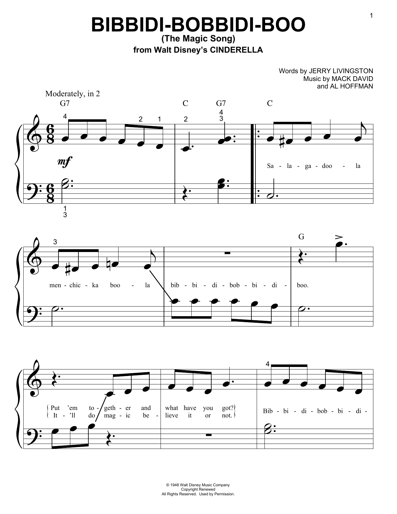 Jerry Livingston Bibbidi-Bobbidi-Boo (The Magic Song) Sheet Music Notes & Chords for Piano (Big Notes) - Download or Print PDF