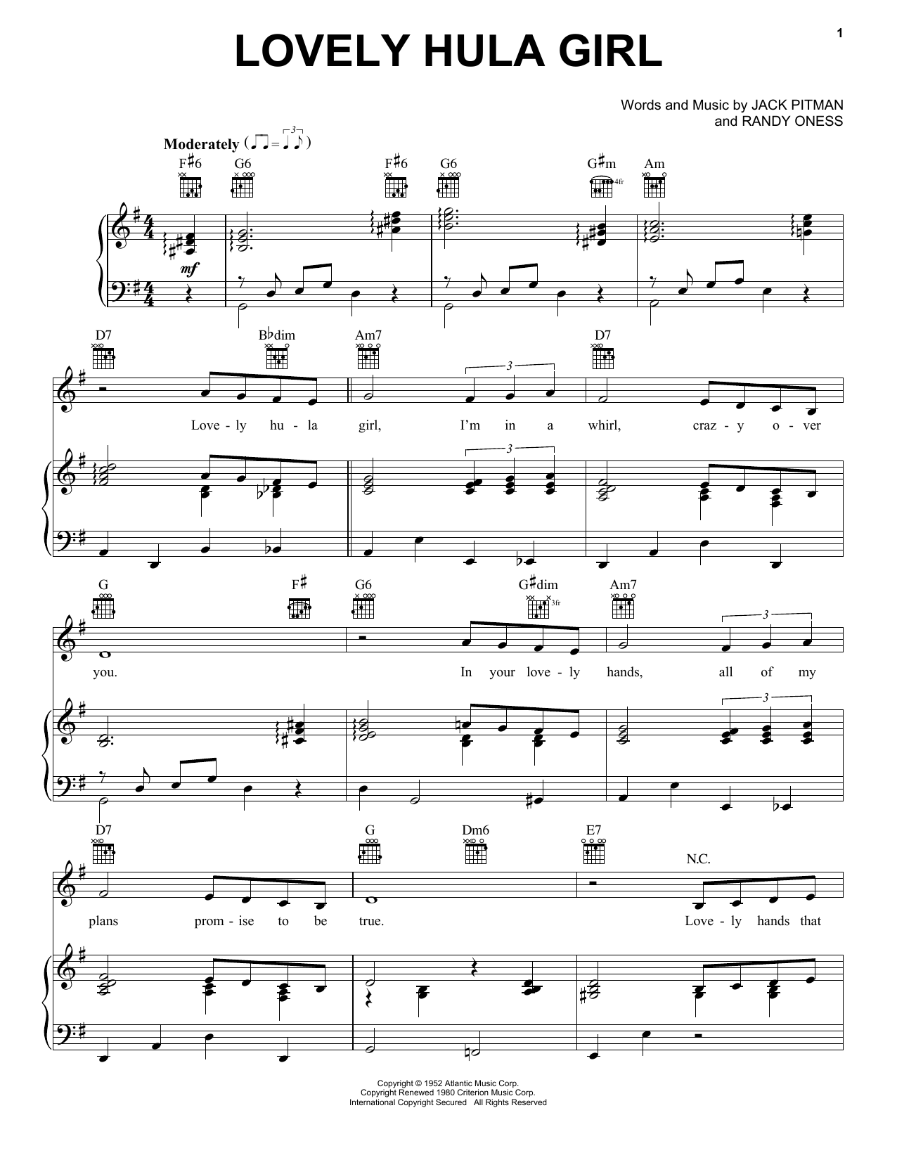 Preview Randy Oness Lovely Hula Girl Folk sheet music, notes and chords for Piano, Vocal & Guitar (Right-Hand Melody), SKU: 177833 sheet music, piano notes, chords, guitar tabs, score, transpose, transcribe, how to play, guide, download, learn, tutorial, progression, song, artist, awards, billboard, mtv, vh1, tour, single, album, release