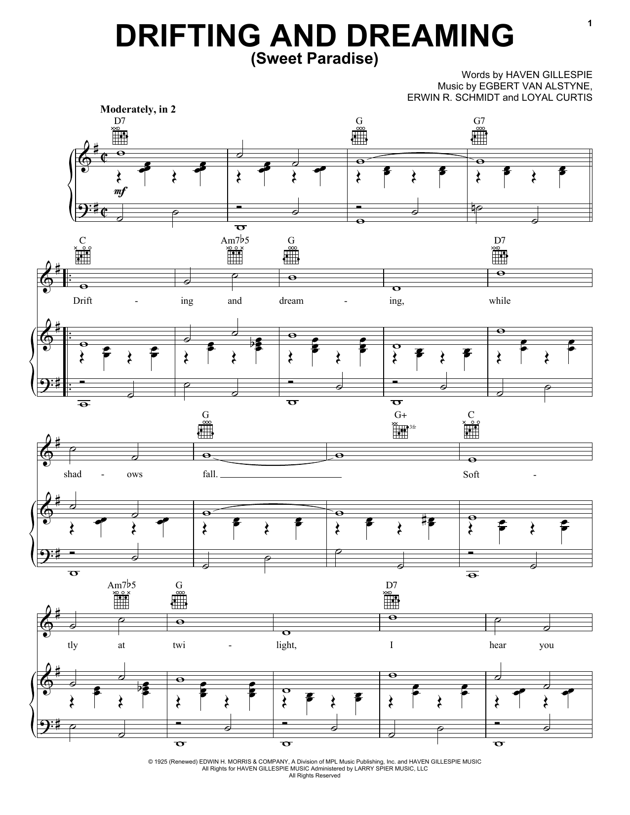 Egbert Van Alstyne Drifting And Dreaming (Sweet Paradise) Sheet Music Notes & Chords for Piano, Vocal & Guitar (Right-Hand Melody) - Download or Print PDF