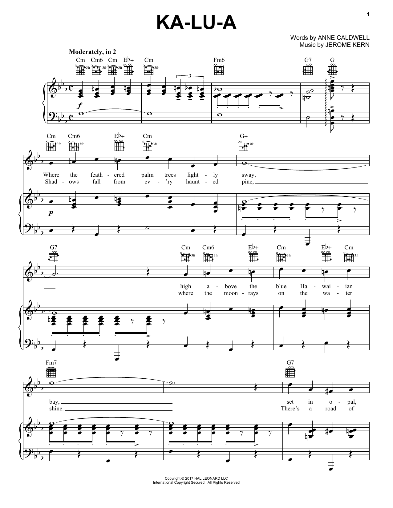 Jerome Kern Ka-lu-a Sheet Music Notes & Chords for Piano, Vocal & Guitar (Right-Hand Melody) - Download or Print PDF