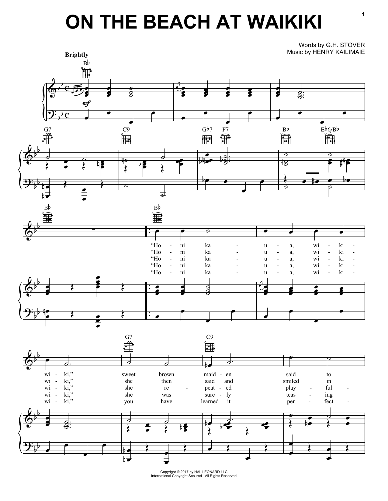 Henry Kailimaie On The Beach At Waikiki Sheet Music Notes & Chords for Piano, Vocal & Guitar (Right-Hand Melody) - Download or Print PDF