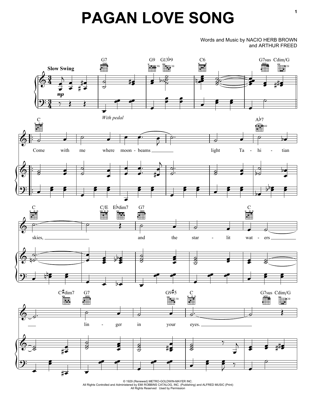 Nacio Herb Brown Pagan Love Song Sheet Music Notes & Chords for Piano, Vocal & Guitar (Right-Hand Melody) - Download or Print PDF