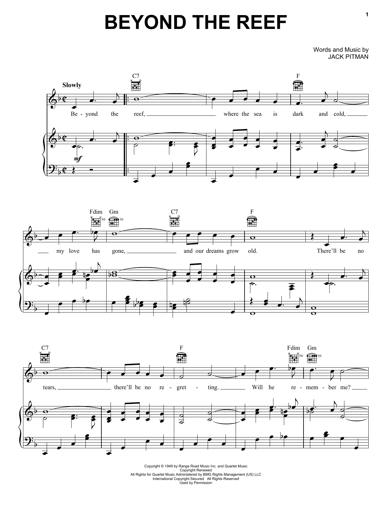 Jack Pitman Beyond The Reef Sheet Music Notes & Chords for Piano, Vocal & Guitar (Right-Hand Melody) - Download or Print PDF