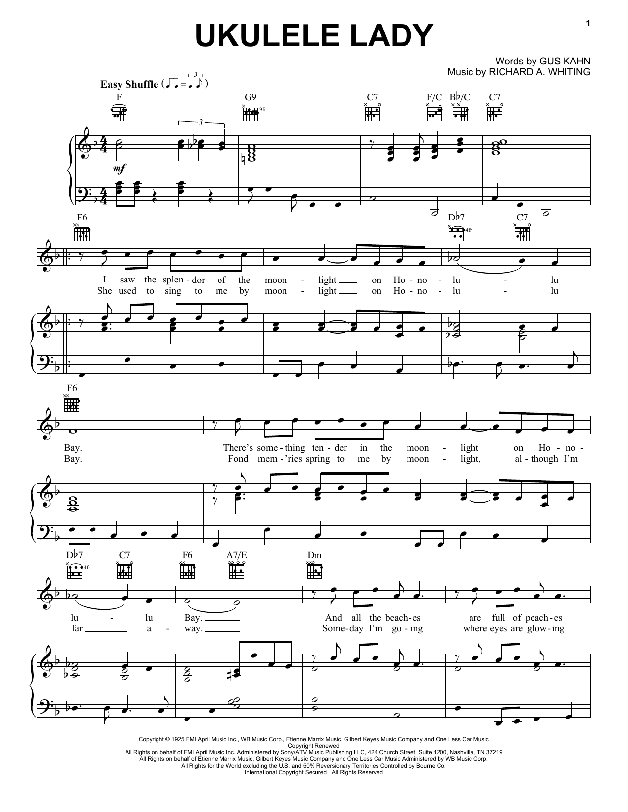 Gus Kahn Ukulele Lady Sheet Music Notes & Chords for Piano, Vocal & Guitar (Right-Hand Melody) - Download or Print PDF