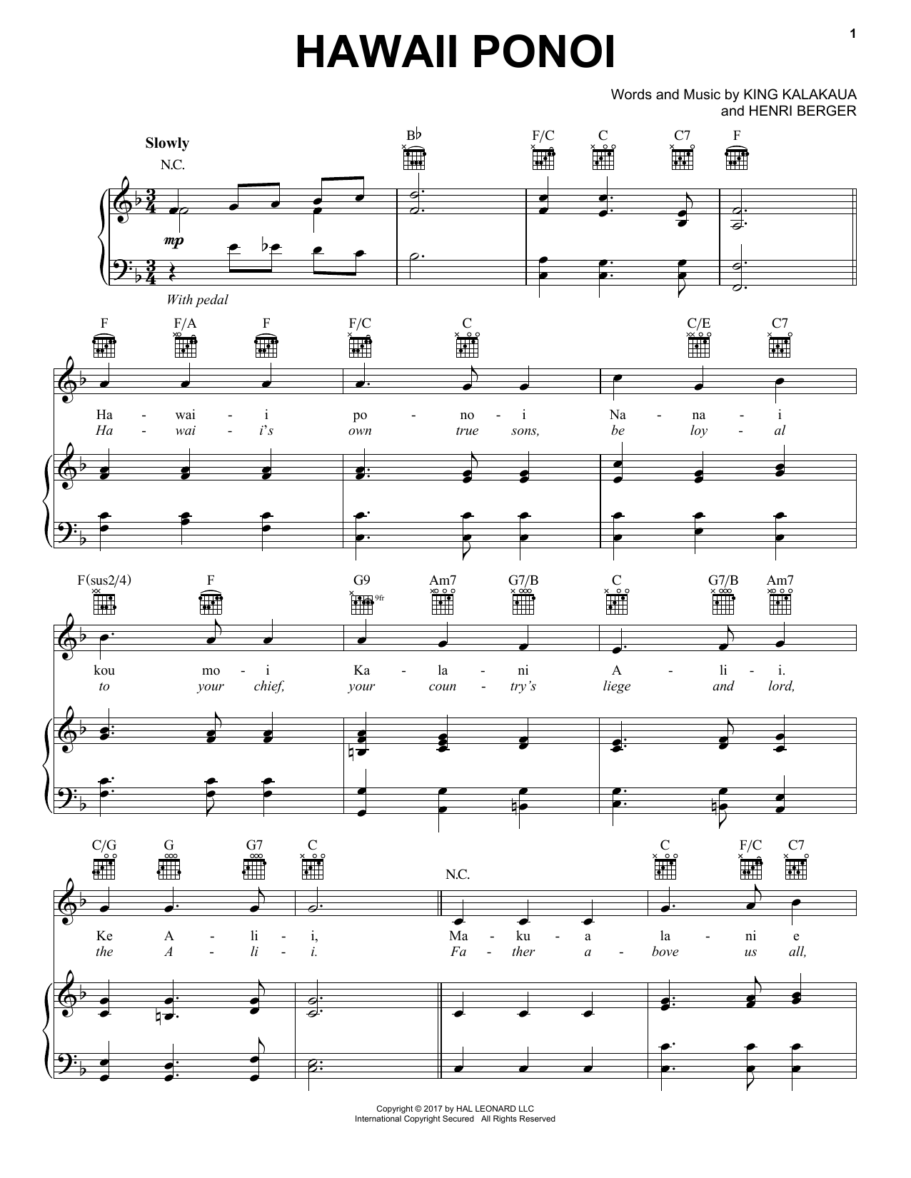Henri Berger Hawaii Ponoi Sheet Music Notes & Chords for Piano, Vocal & Guitar (Right-Hand Melody) - Download or Print PDF
