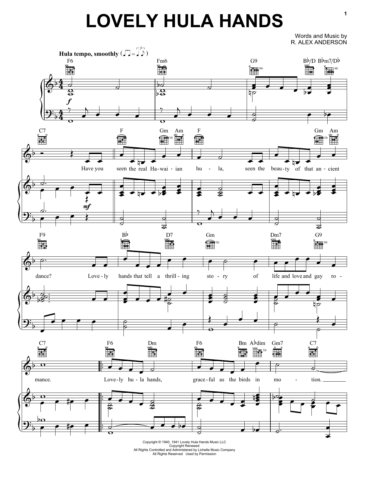 R. Alex Anderson Lovely Hula Hands Sheet Music Notes & Chords for Piano, Vocal & Guitar (Right-Hand Melody) - Download or Print PDF