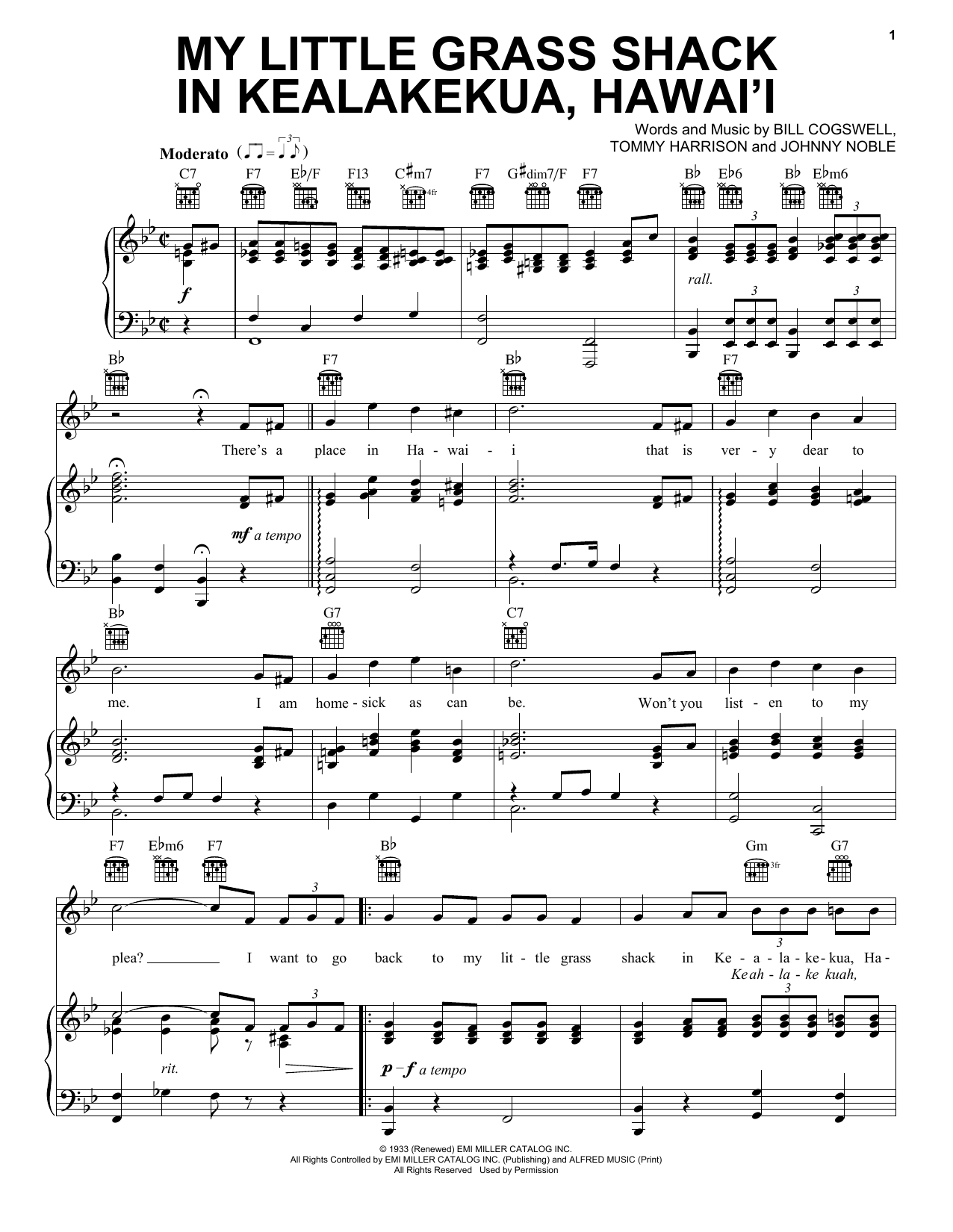 Bill Cogswell My Little Grass Shack In Kealakekua, Hawaii Sheet Music Notes & Chords for Piano, Vocal & Guitar (Right-Hand Melody) - Download or Print PDF