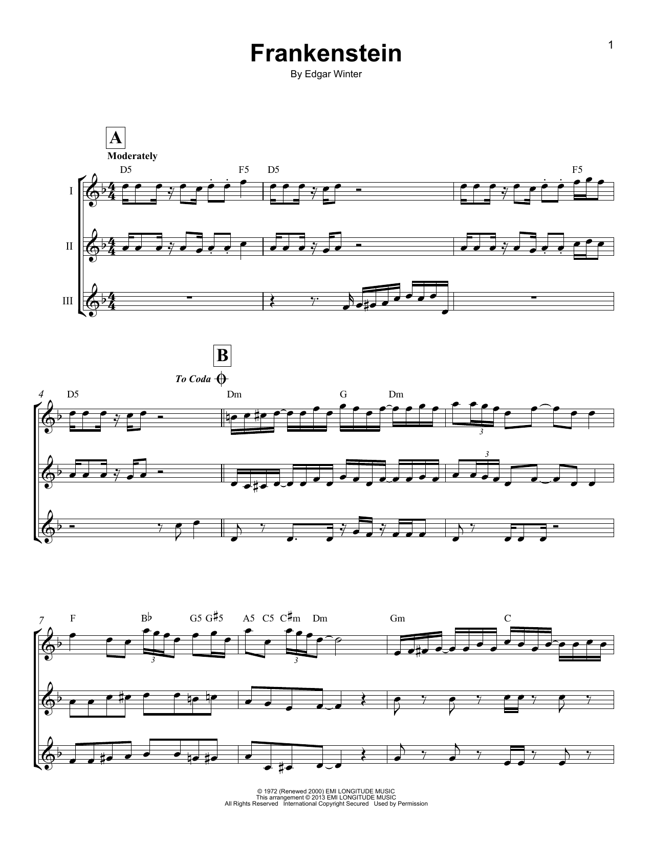 Edgar Winter Frankenstein Sheet Music Notes & Chords for Ukulele Ensemble - Download or Print PDF