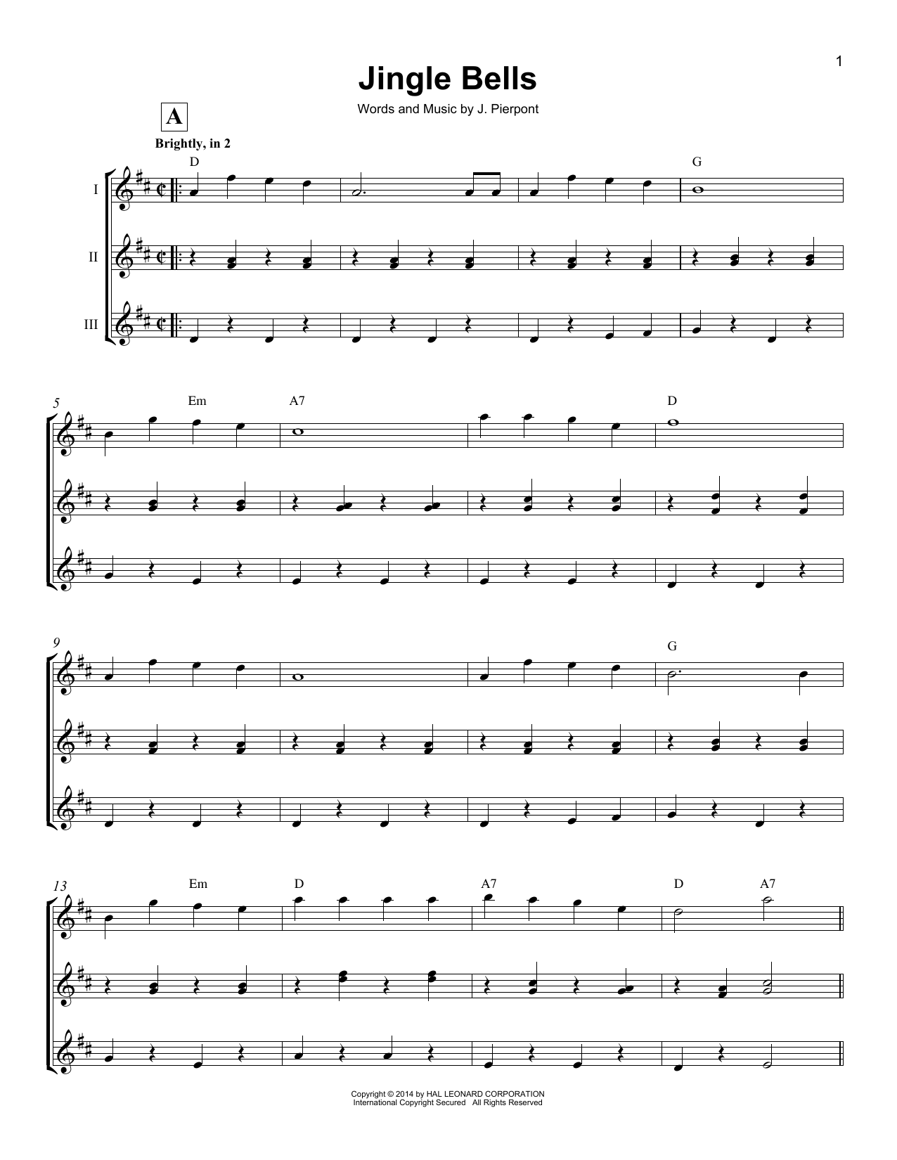 J. Pierpont Jingle Bells Sheet Music Notes & Chords for Ukulele Ensemble - Download or Print PDF
