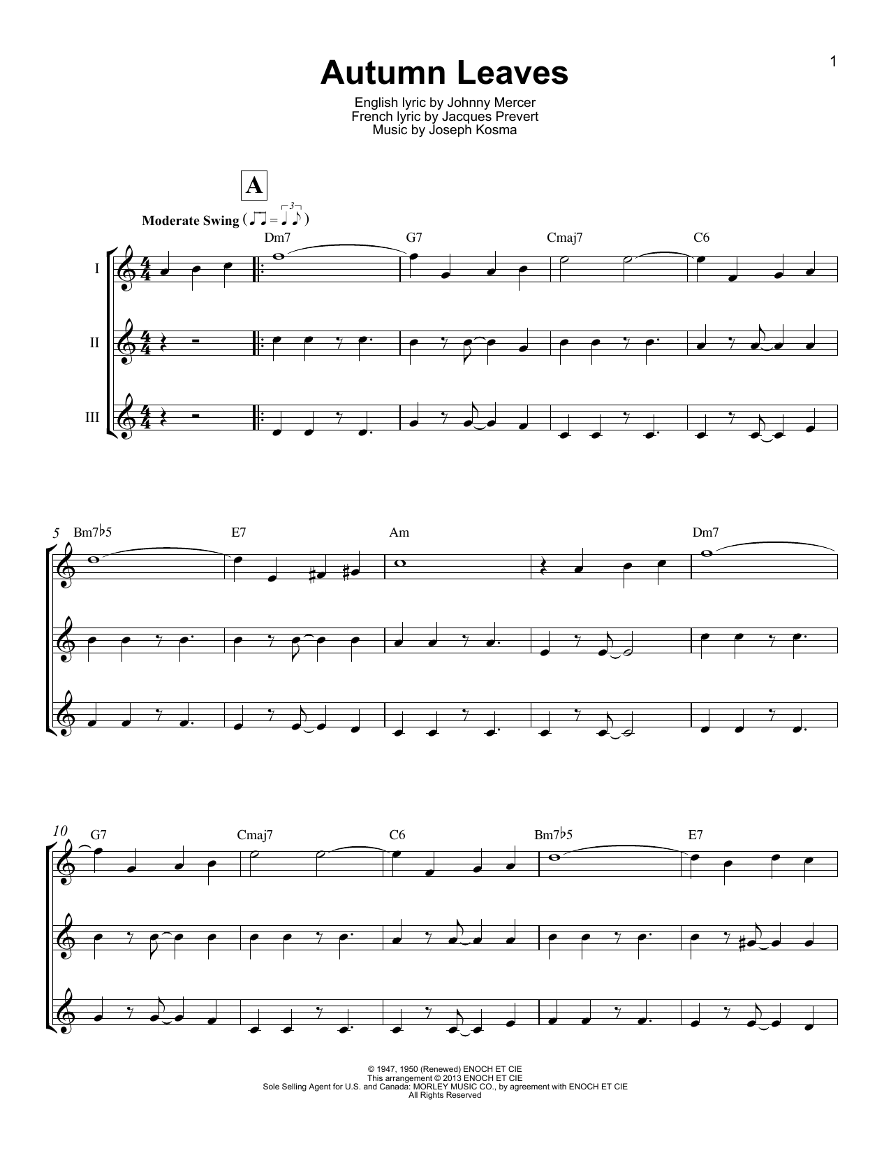 Johnny Mercer Autumn Leaves Sheet Music Notes & Chords for Ukulele Ensemble - Download or Print PDF