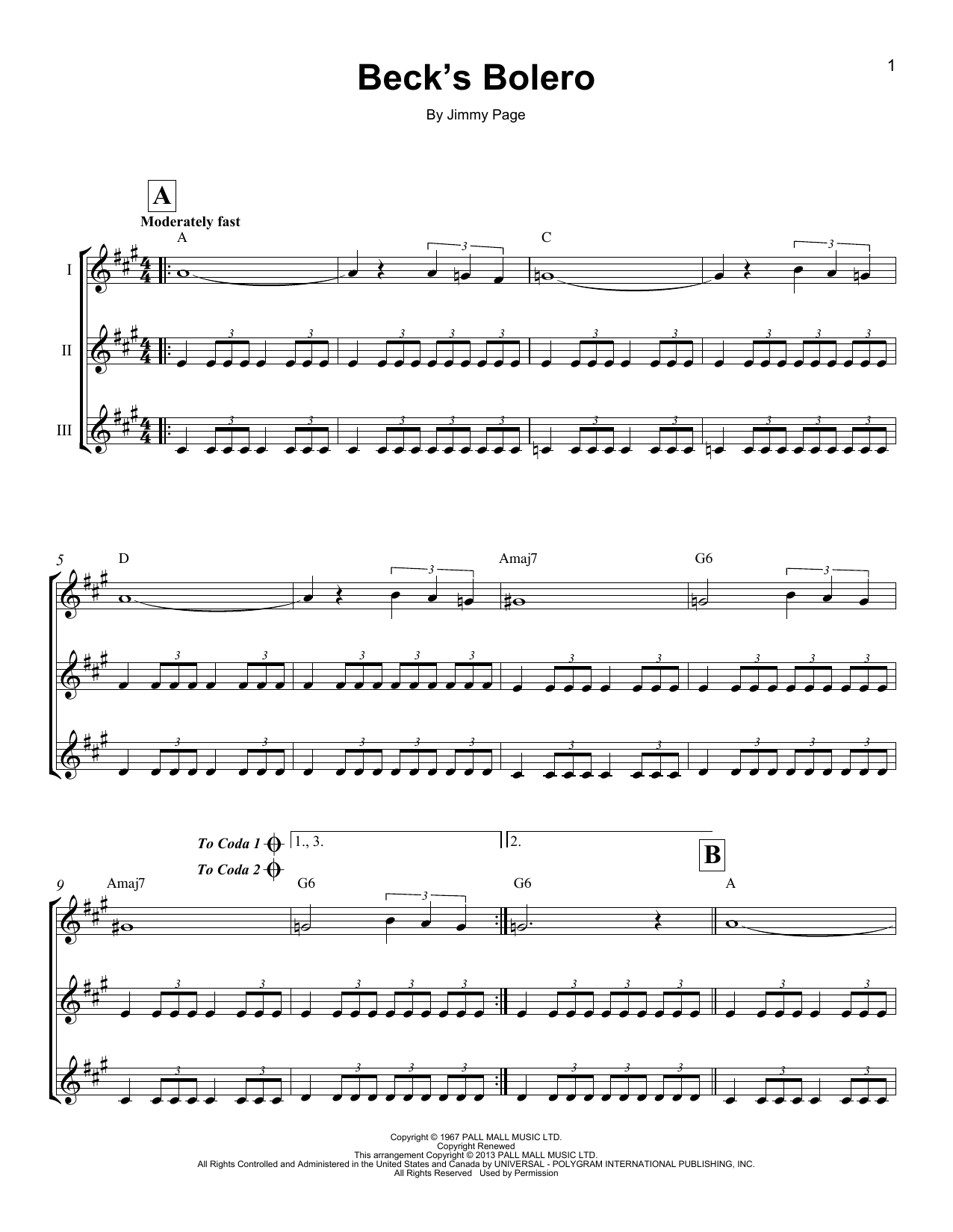 Jeff Beck Beck's Bolero Sheet Music Notes & Chords for Ukulele Ensemble - Download or Print PDF