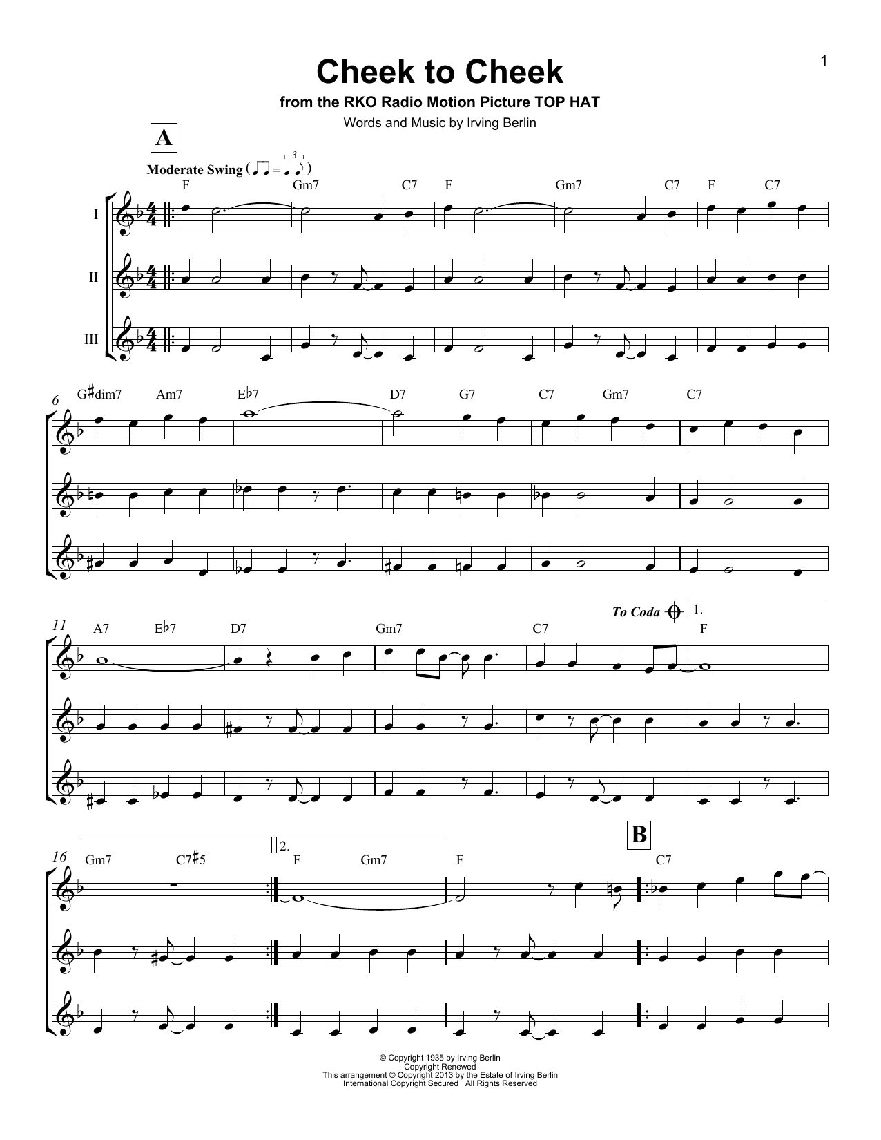 Irving Berlin Cheek To Cheek Sheet Music Notes & Chords for Ukulele Ensemble - Download or Print PDF