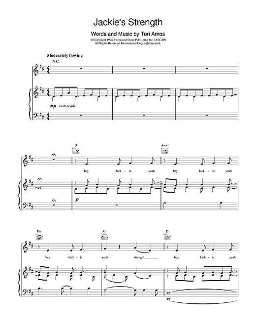Preview Tori Amos Jackie's Strength Pop sheet music, notes and chords for Piano, Vocal & Guitar (Right-Hand Melody), SKU: 17794 sheet music, piano notes, chords, guitar tabs, score, transpose, transcribe, how to play, guide, download, learn, tutorial, progression, song, artist, awards, billboard, mtv, vh1, tour, single, album, release