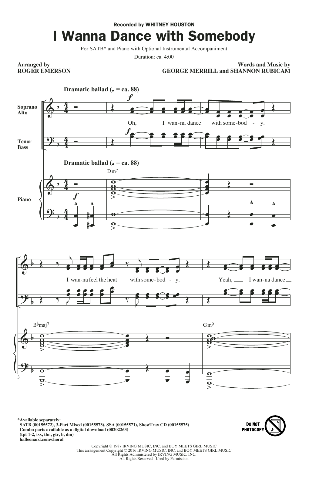 Roger Emerson I Wanna Dance With Somebody Sheet Music Notes Chords Download Rock Notes Satb Pdf Print