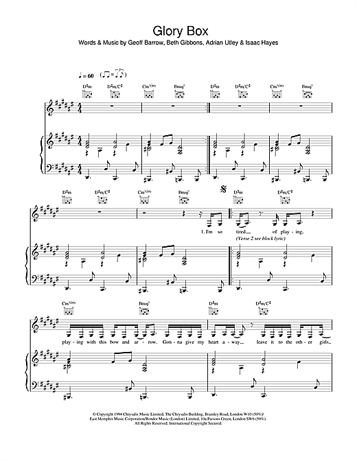 Preview Portishead Glory Box Pop sheet music, notes and chords for Piano, Vocal & Guitar, SKU: 17859 sheet music, piano notes, chords, guitar tabs, score, transpose, transcribe, how to play, guide, download, learn, tutorial, progression, song, artist, awards, billboard, mtv, vh1, tour, single, album, release