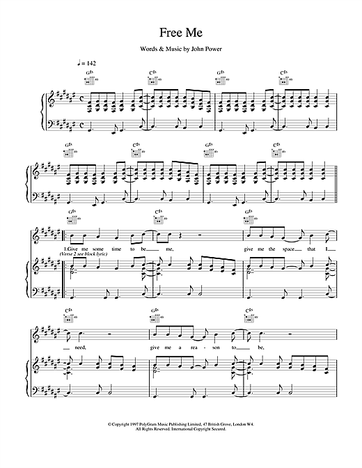 Preview Cast Free Me Pop sheet music, notes and chords for Piano, Vocal & Guitar (Right-Hand Melody), SKU: 17869 sheet music, piano notes, chords, guitar tabs, score, transpose, transcribe, how to play, guide, download, learn, tutorial, progression, song, artist, awards, billboard, mtv, vh1, tour, single, album, release