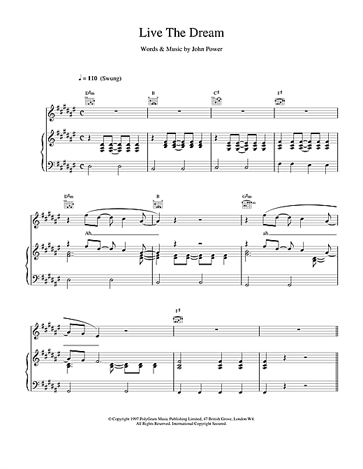 Preview Cast Live The Dream Pop sheet music, notes and chords for Piano, Vocal & Guitar (Right-Hand Melody), SKU: 17872 sheet music, piano notes, chords, guitar tabs, score, transpose, transcribe, how to play, guide, download, learn, tutorial, progression, song, artist, awards, billboard, mtv, vh1, tour, single, album, release