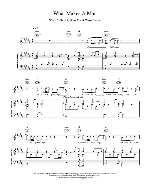 Preview Westlife What Makes A Man Pop sheet music, notes and chords for Piano, Vocal & Guitar, SKU: 17879 sheet music, piano notes, chords, guitar tabs, score, transpose, transcribe, how to play, guide, download, learn, tutorial, progression, song, artist, awards, billboard, mtv, vh1, tour, single, album, release