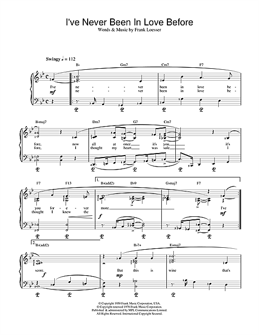 Preview Frank Loesser I've Never Been In Love Before (from Guys And Dolls) Musicals sheet music, notes and chords for Piano, SKU: 17881 sheet music, piano notes, chords, guitar tabs, score, transpose, transcribe, how to play, guide, download, learn, tutorial, progression, song, artist, awards, billboard, mtv, vh1, tour, single, album, release