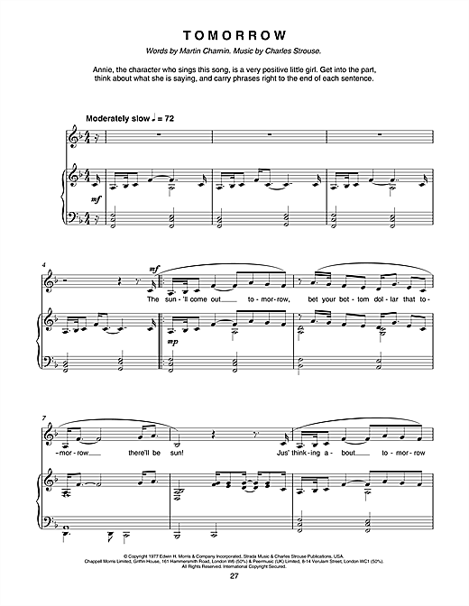 Preview Charles Strouse Tomorrow (from Annie) Musicals sheet music, notes and chords for Piano, SKU: 17888 sheet music, piano notes, chords, guitar tabs, score, transpose, transcribe, how to play, guide, download, learn, tutorial, progression, song, artist, awards, billboard, mtv, vh1, tour, single, album, release