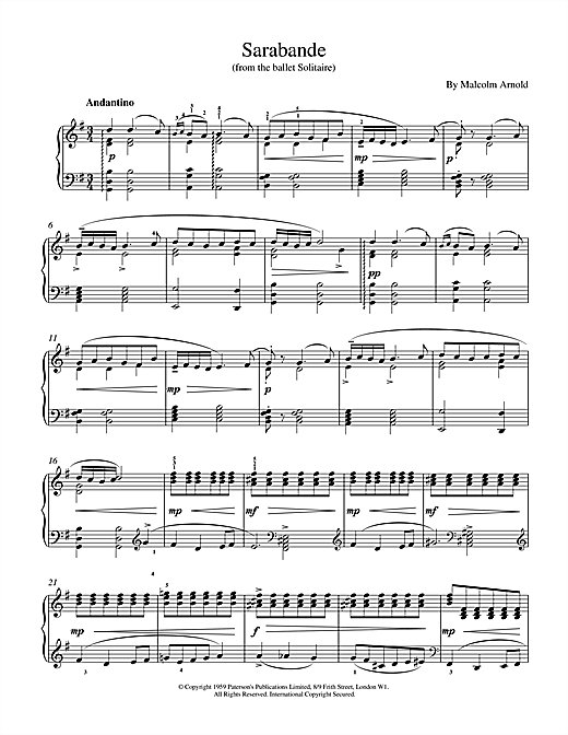 Preview Malcolm Arnold Sarabande From Solitaire Classical sheet music, notes and chords for Piano, SKU: 17890 sheet music, piano notes, chords, guitar tabs, score, transpose, transcribe, how to play, guide, download, learn, tutorial, progression, song, artist, awards, billboard, mtv, vh1, tour, single, album, release