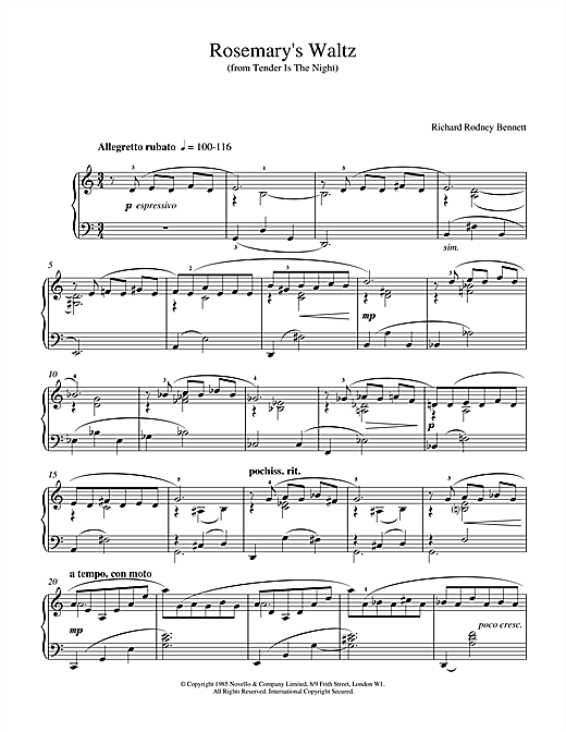 Preview Richard Rodney Bennett Rosemary's Waltz Classical sheet music, notes and chords for Piano, SKU: 17892 sheet music, piano notes, chords, guitar tabs, score, transpose, transcribe, how to play, guide, download, learn, tutorial, progression, song, artist, awards, billboard, mtv, vh1, tour, single, album, release
