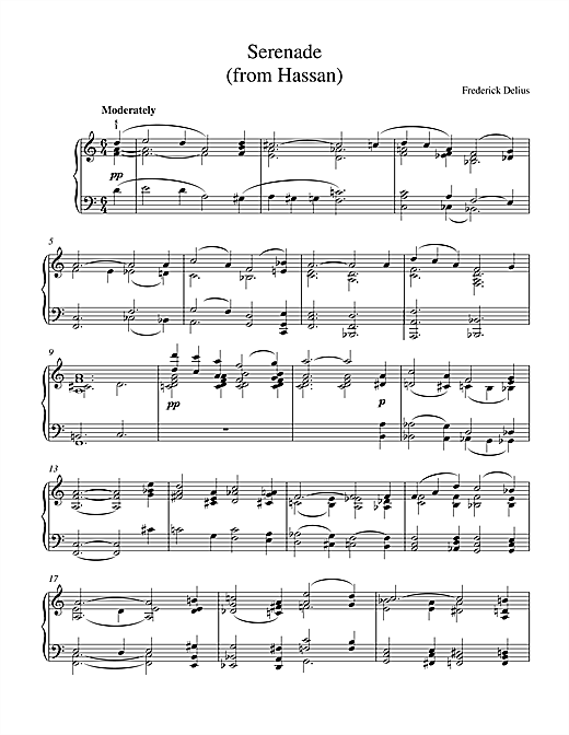 Preview Frederick Delius Serenade From Hassan Classical sheet music, notes and chords for Piano, SKU: 17895 sheet music, piano notes, chords, guitar tabs, score, transpose, transcribe, how to play, guide, download, learn, tutorial, progression, song, artist, awards, billboard, mtv, vh1, tour, single, album, release