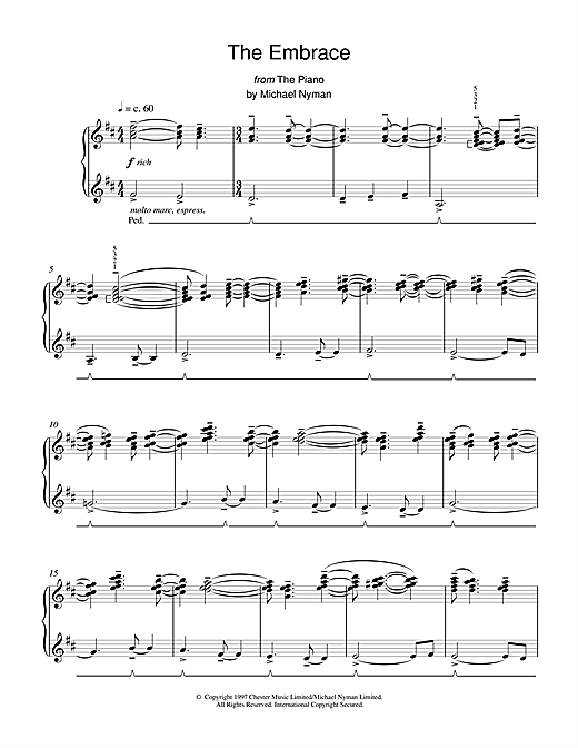 Preview Michael Nyman The Embrace (from The Piano) Film and TV sheet music, notes and chords for Piano, SKU: 17923 sheet music, piano notes, chords, guitar tabs, score, transpose, transcribe, how to play, guide, download, learn, tutorial, progression, song, artist, awards, billboard, mtv, vh1, tour, single, album, release