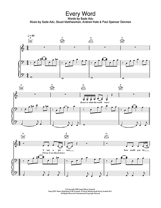 Preview Sade Every Word Pop sheet music, notes and chords for Piano, Vocal & Guitar, SKU: 17929 sheet music, piano notes, chords, guitar tabs, score, transpose, transcribe, how to play, guide, download, learn, tutorial, progression, song, artist, awards, billboard, mtv, vh1, tour, single, album, release