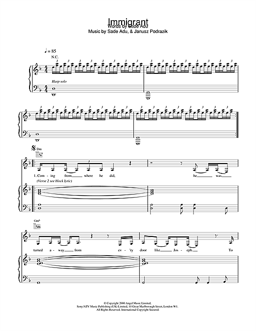 Preview Sade Immigrant Pop sheet music, notes and chords for Piano, Vocal & Guitar, SKU: 17931 sheet music, piano notes, chords, guitar tabs, score, transpose, transcribe, how to play, guide, download, learn, tutorial, progression, song, artist, awards, billboard, mtv, vh1, tour, single, album, release