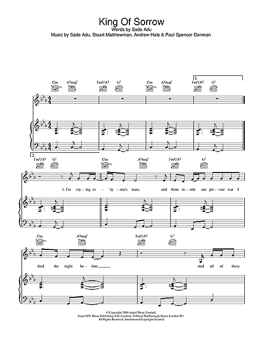 Preview Sade King Of Sorrow Pop sheet music, notes and chords for Piano, Vocal & Guitar, SKU: 17933 sheet music, piano notes, chords, guitar tabs, score, transpose, transcribe, how to play, guide, download, learn, tutorial, progression, song, artist, awards, billboard, mtv, vh1, tour, single, album, release