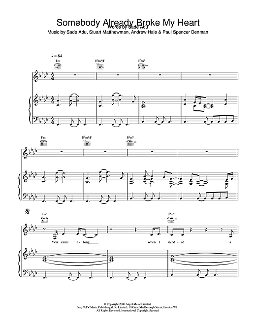 Preview Sade Somebody Already Broke My Heart Pop sheet music, notes and chords for Piano, Vocal & Guitar, SKU: 17936 sheet music, piano notes, chords, guitar tabs, score, transpose, transcribe, how to play, guide, download, learn, tutorial, progression, song, artist, awards, billboard, mtv, vh1, tour, single, album, release