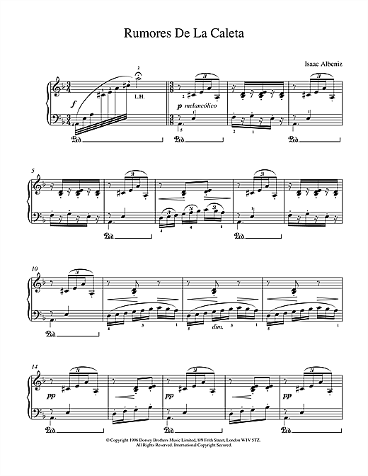 Preview Isaac Albeniz Rumores De La Caleta World sheet music, notes and chords for Piano, SKU: 17948 sheet music, piano notes, chords, guitar tabs, score, transpose, transcribe, how to play, guide, download, learn, tutorial, progression, song, artist, awards, billboard, mtv, vh1, tour, single, album, release