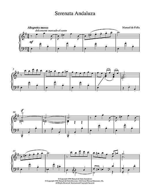 Preview Manuel De Falla Serenata Andaluza Post-1900 sheet music, notes and chords for Piano, SKU: 17950 sheet music, piano notes, chords, guitar tabs, score, transpose, transcribe, how to play, guide, download, learn, tutorial, progression, song, artist, awards, billboard, mtv, vh1, tour, single, album, release