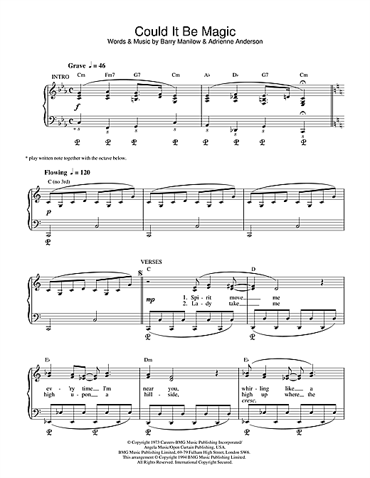 Preview Barry Manilow Could It Be Magic Pop sheet music, notes and chords for Piano, Vocal & Guitar (Right-Hand Melody), SKU: 17957 sheet music, piano notes, chords, guitar tabs, score, transpose, transcribe, how to play, guide, download, learn, tutorial, progression, song, artist, awards, billboard, mtv, vh1, tour, single, album, release