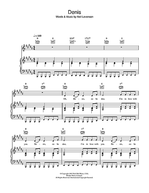 Preview Blondie Denis Pop sheet music, notes and chords for Piano, Vocal & Guitar (Right-Hand Melody), SKU: 17966 sheet music, piano notes, chords, guitar tabs, score, transpose, transcribe, how to play, guide, download, learn, tutorial, progression, song, artist, awards, billboard, mtv, vh1, tour, single, album, release