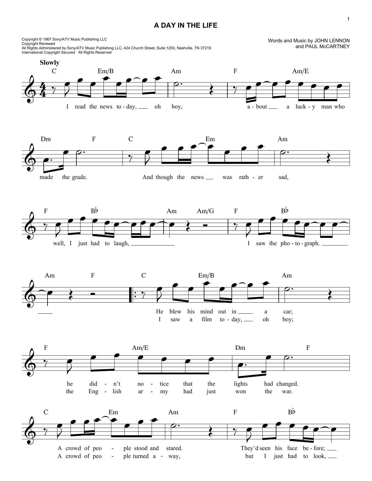 The Beatles A Day In The Life Sheet Music Notes Chords Download Rock Notes Melody Line Lyrics Chords Pdf Print