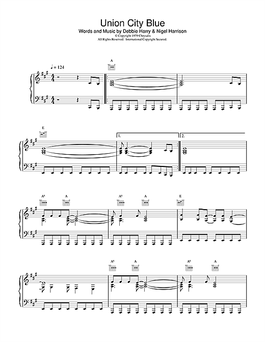 Preview Blondie Union City Blue Pop sheet music, notes and chords for Piano, Vocal & Guitar (Right-Hand Melody), SKU: 17969 sheet music, piano notes, chords, guitar tabs, score, transpose, transcribe, how to play, guide, download, learn, tutorial, progression, song, artist, awards, billboard, mtv, vh1, tour, single, album, release