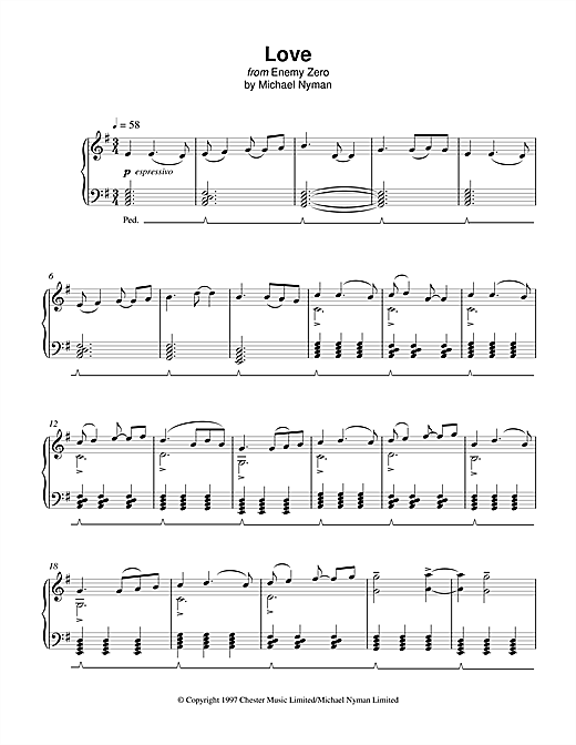 Preview Michael Nyman Love (from Enemy Zero) Film and TV sheet music, notes and chords for Piano, SKU: 17973 sheet music, piano notes, chords, guitar tabs, score, transpose, transcribe, how to play, guide, download, learn, tutorial, progression, song, artist, awards, billboard, mtv, vh1, tour, single, album, release
