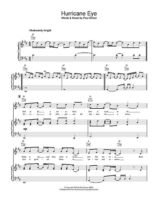 Preview Paul Simon Hurricane Eye Pop sheet music, notes and chords for Piano, Vocal & Guitar (Right-Hand Melody), SKU: 17985 sheet music, piano notes, chords, guitar tabs, score, transpose, transcribe, how to play, guide, download, learn, tutorial, progression, song, artist, awards, billboard, mtv, vh1, tour, single, album, release