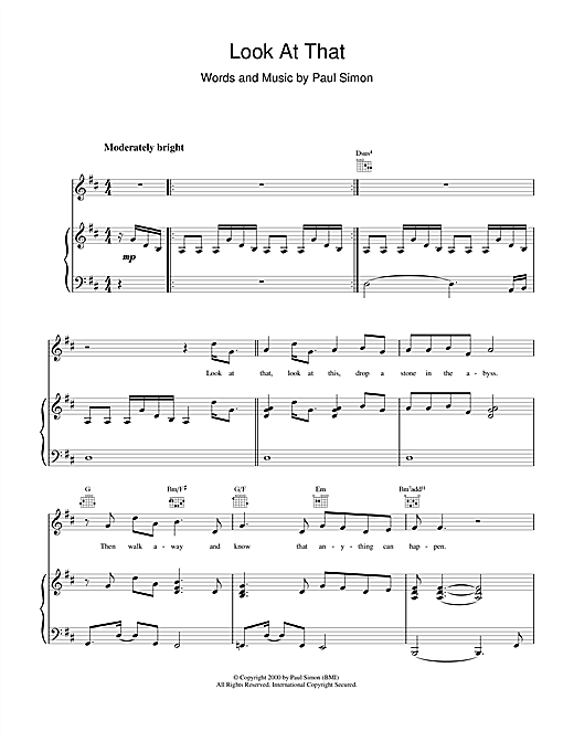 Preview Paul Simon Look At That Pop sheet music, notes and chords for Piano, Vocal & Guitar (Right-Hand Melody), SKU: 17986 sheet music, piano notes, chords, guitar tabs, score, transpose, transcribe, how to play, guide, download, learn, tutorial, progression, song, artist, awards, billboard, mtv, vh1, tour, single, album, release