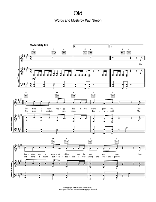 Preview Paul Simon Old Pop sheet music, notes and chords for Piano, Vocal & Guitar (Right-Hand Melody), SKU: 17988 sheet music, piano notes, chords, guitar tabs, score, transpose, transcribe, how to play, guide, download, learn, tutorial, progression, song, artist, awards, billboard, mtv, vh1, tour, single, album, release